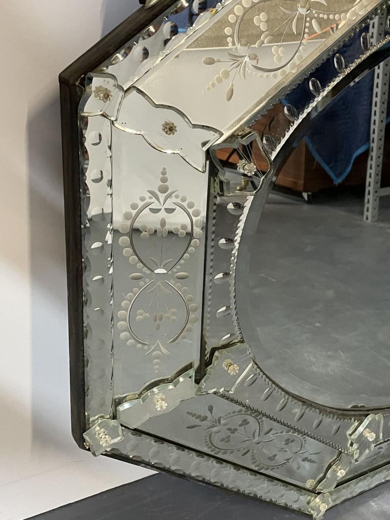 Large French Venetian Style Wall / Console Mirror, Floral Etched Glass, Beveled - 9