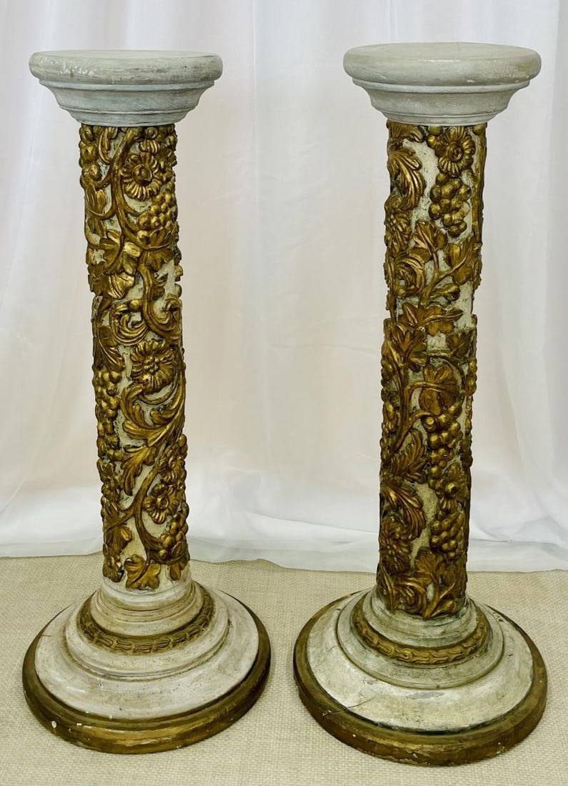 Pair of Giltwood and Paint Decorated Italian Columns, Pedestals, Gustavian Style - 3