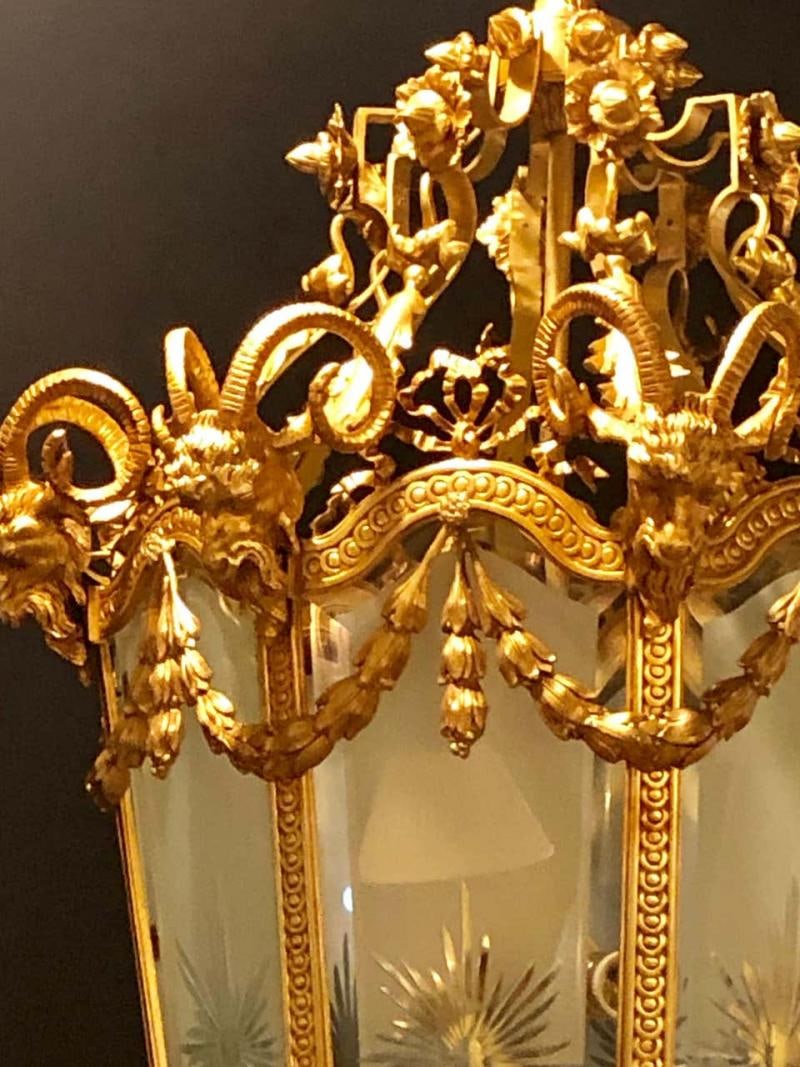 Pair of Monumental Louis XVI Style Doré Bronze Large Rams Head Lanterns - 3