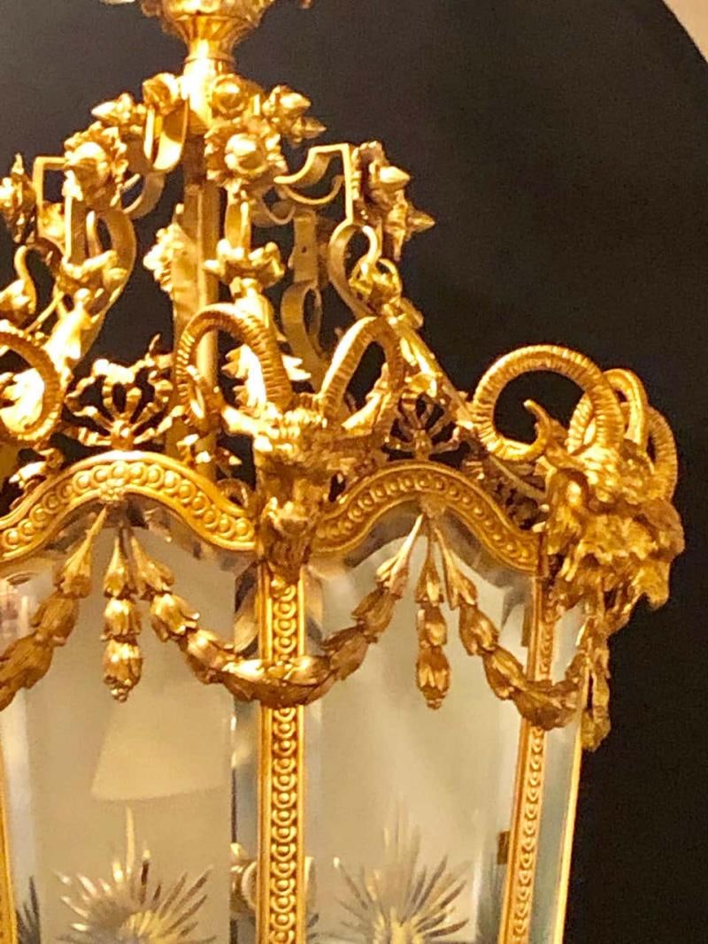 Pair of Monumental Louis XVI Style Doré Bronze Large Rams Head Lanterns - 4