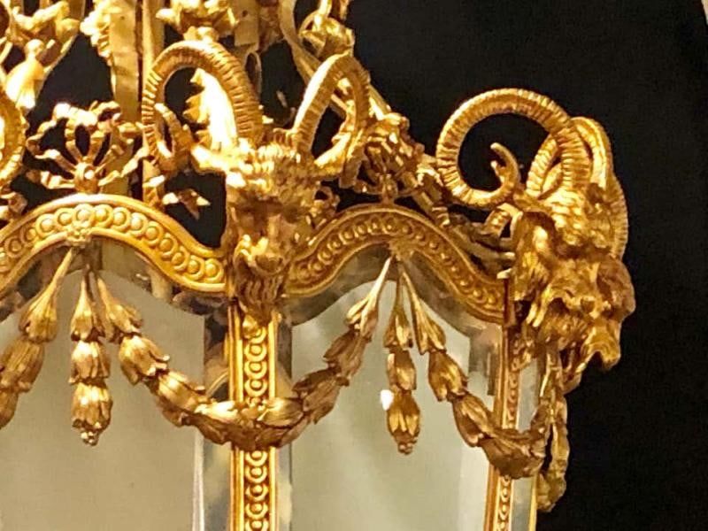 Pair of Monumental Louis XVI Style Doré Bronze Large Rams Head Lanterns - 8