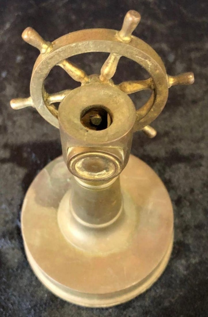 Small Antique Brass Ships Wheel Tabletop Cigar Cutter circa 1920 Tobacco - 3