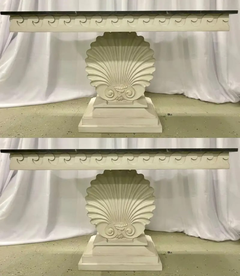Pair of Hollywood Regency Style Shell From Console Tables, Faux Marble Top - 3