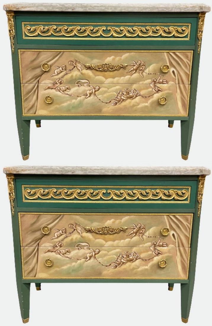 Paint Decorated Hollywood Regency Marble-Top Commodes Manner of M. Jansen, Pair - 2