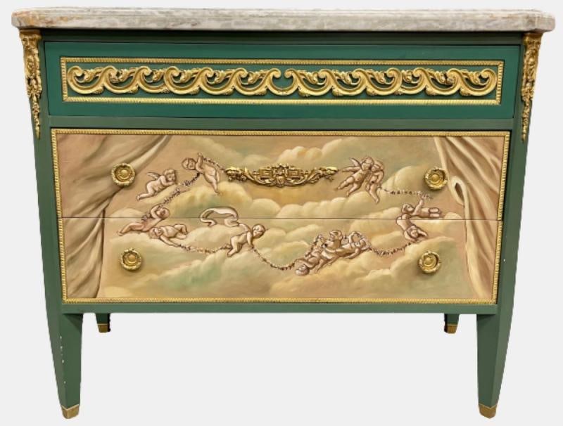 Paint Decorated Hollywood Regency Marble-Top Commodes Manner of M. Jansen, Pair - 3