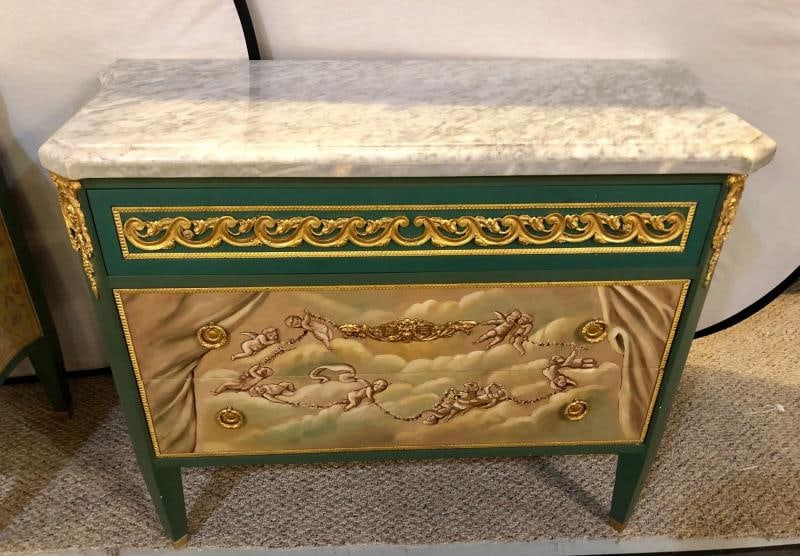 Paint Decorated Hollywood Regency Marble-Top Commodes Manner of M. Jansen, Pair - 4