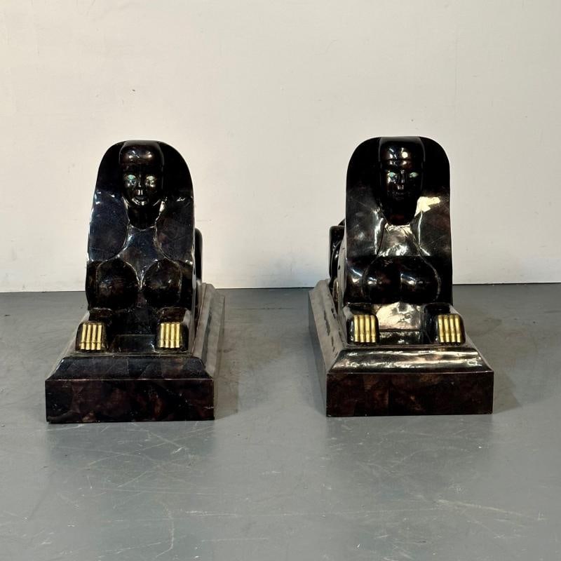 Pair of Maitland Smith Tessellated Egyptian Seated Sphinxes, Entryway - 5