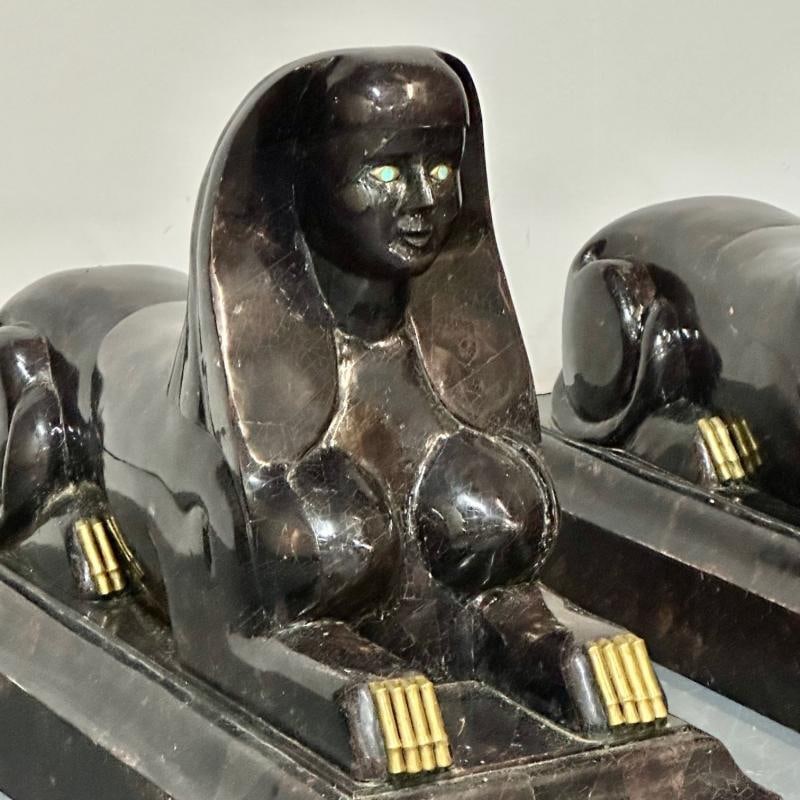 Pair of Maitland Smith Tessellated Egyptian Seated Sphinxes, Entryway - 6