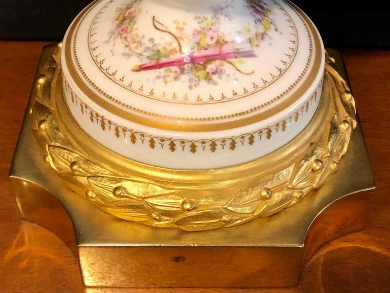 French Serves Painted Rams Head Bronze Mounted Lidded Vase, Centerpiece or Urn - 6