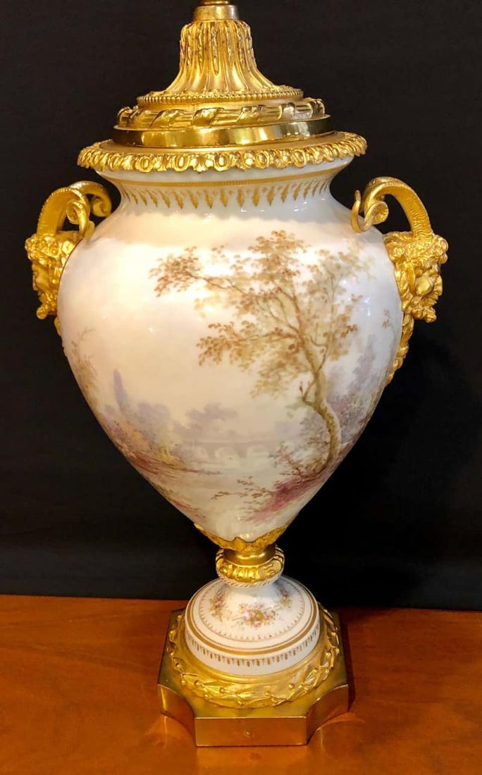 French Serves Painted Rams Head Bronze Mounted Lidded Vase, Centerpiece or Urn - 9