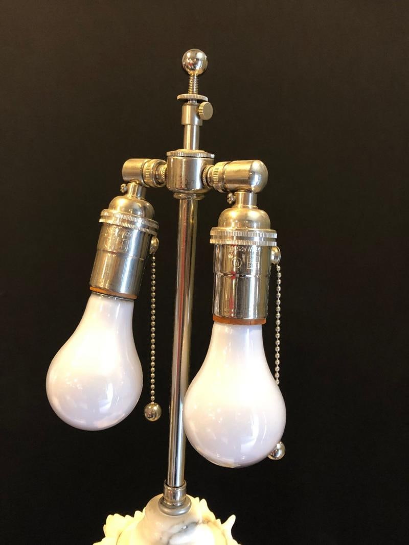 Pair of White and Grey Veined Column Marble Table Lamps with Custom Shades - 10