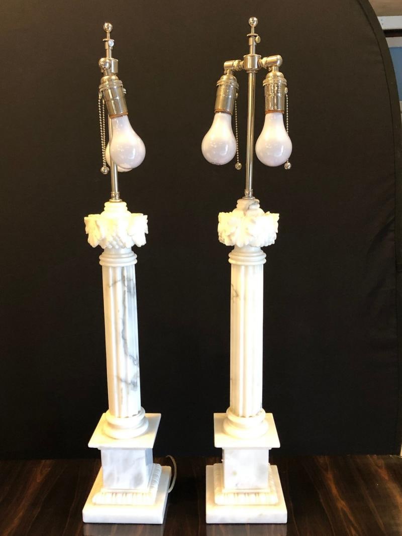 Pair of White and Grey Veined Column Marble Table Lamps with Custom Shades - 2