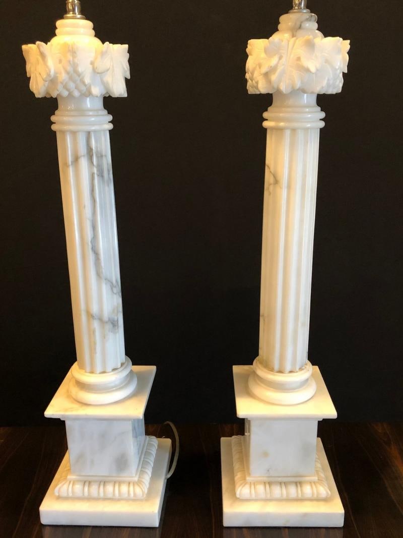 Pair of White and Grey Veined Column Marble Table Lamps with Custom Shades - 3