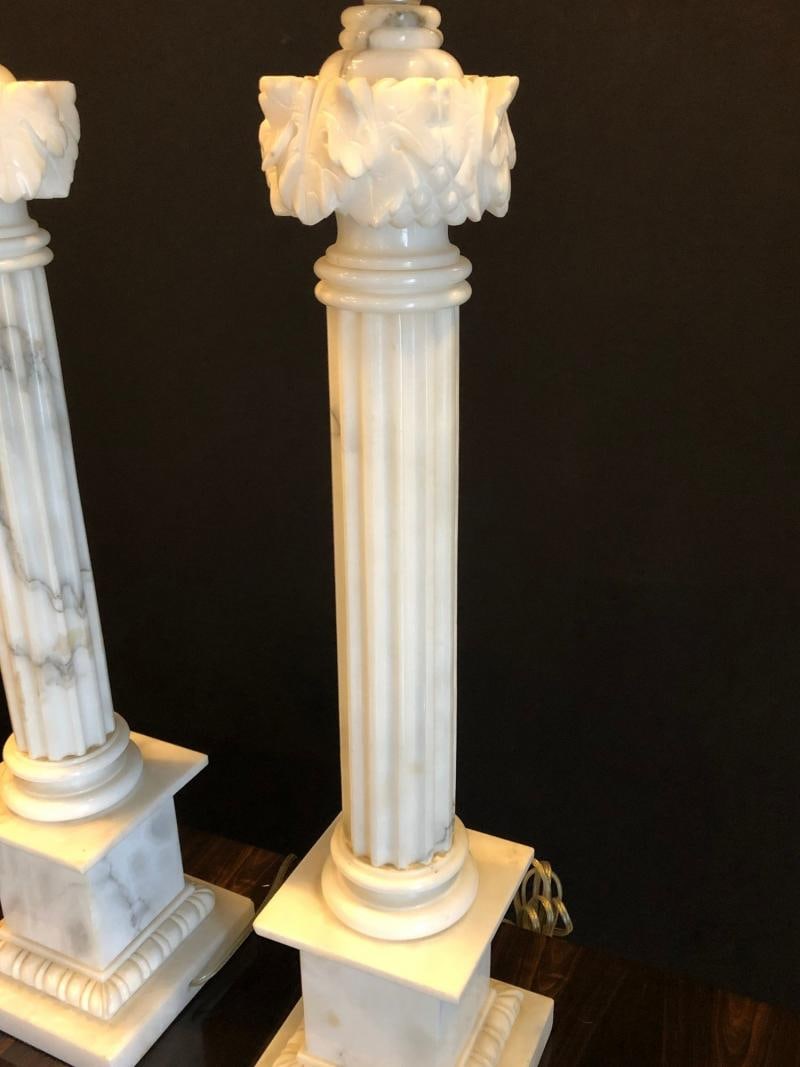 Pair of White and Grey Veined Column Marble Table Lamps with Custom Shades - 4