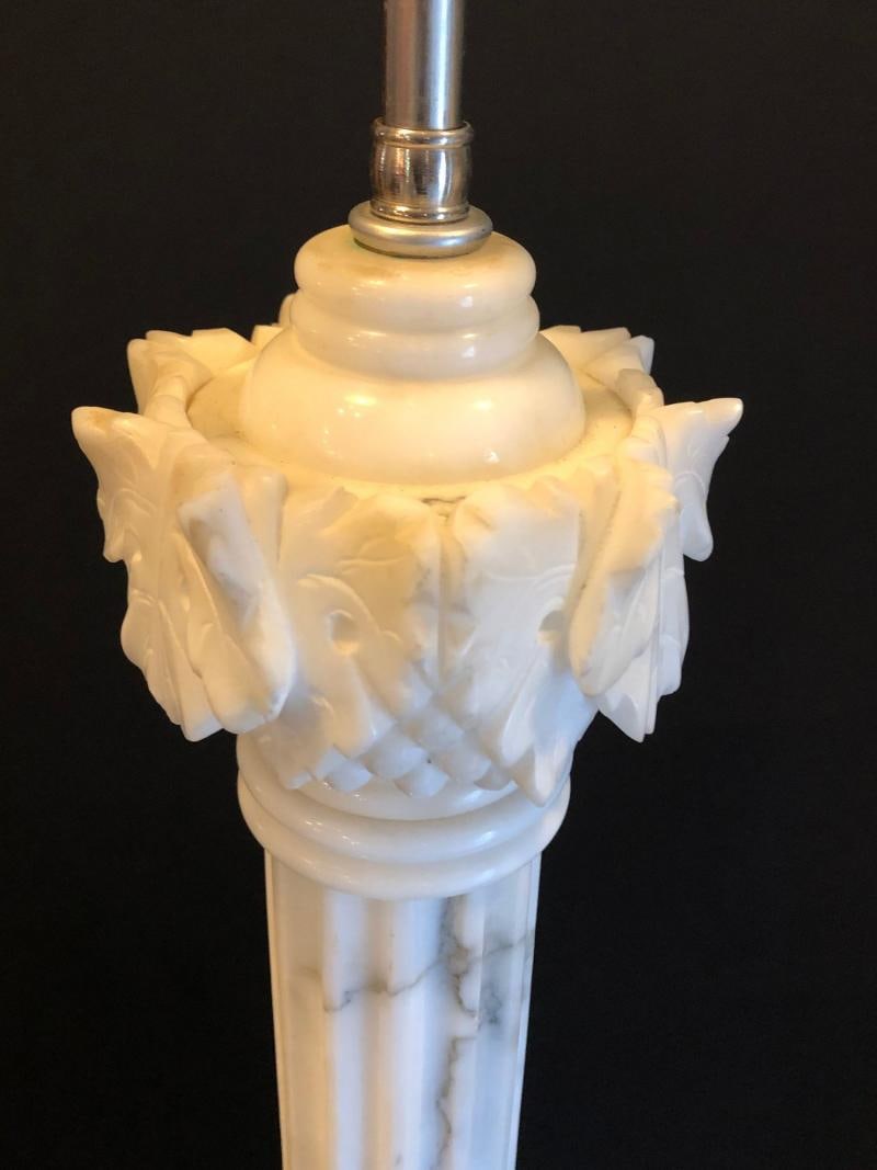 Pair of White and Grey Veined Column Marble Table Lamps with Custom Shades - 5