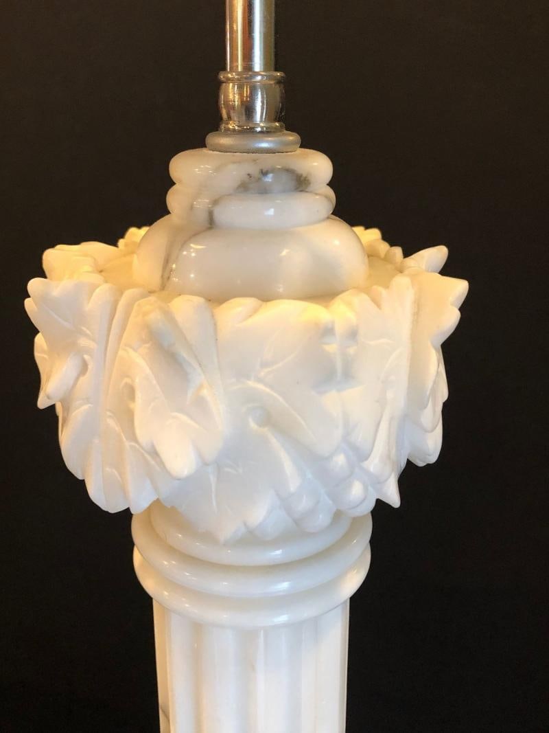 Pair of White and Grey Veined Column Marble Table Lamps with Custom Shades - 6