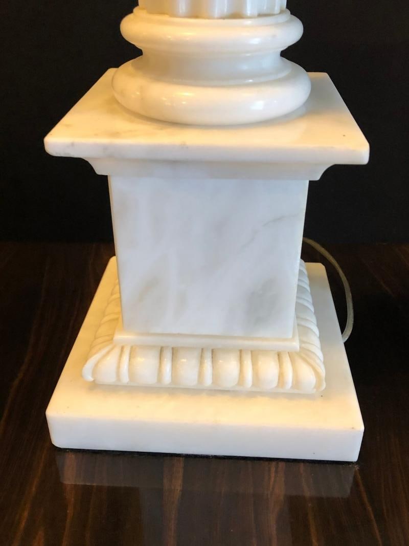 Pair of White and Grey Veined Column Marble Table Lamps with Custom Shades - 7