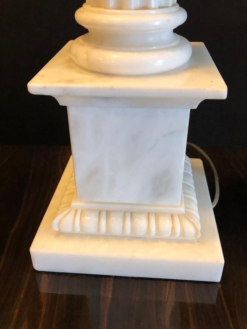Pair of White and Grey Veined Column Marble Table Lamps with Custom Shades - 8