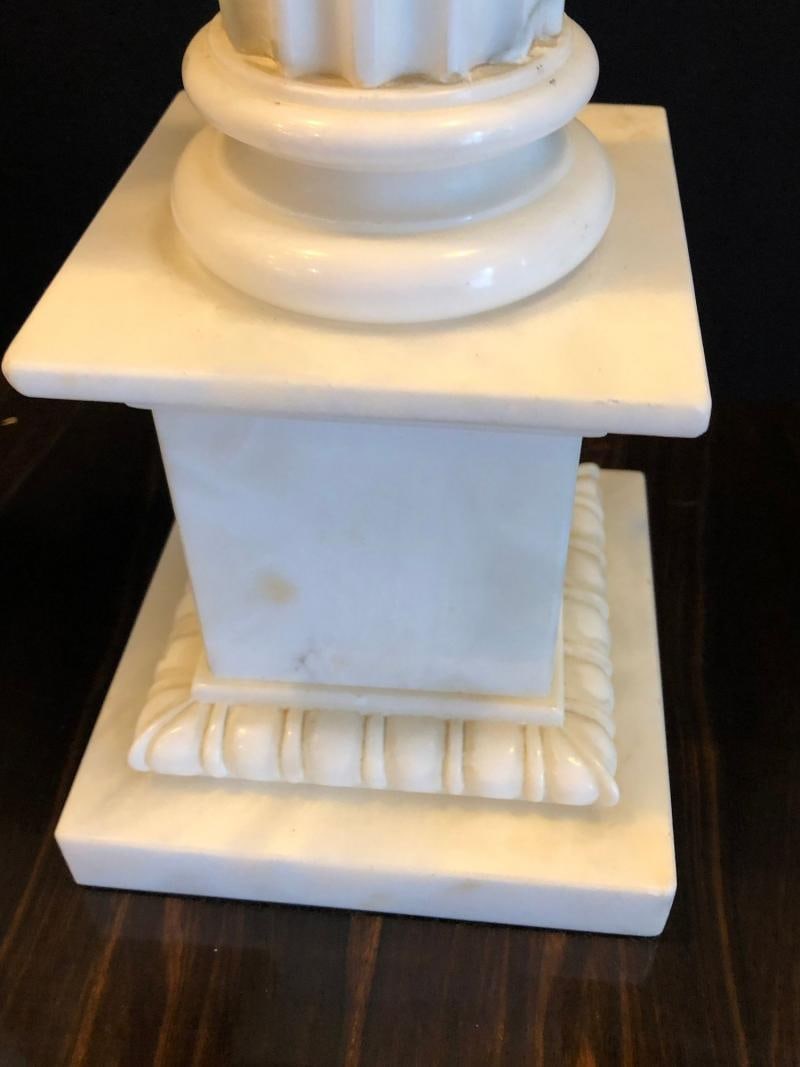 Pair of White and Grey Veined Column Marble Table Lamps with Custom Shades - 9