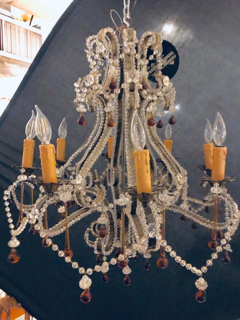 Eight Light Beaded Chandelier with Colored Tear Drop Prisms, circa 1960 - 2