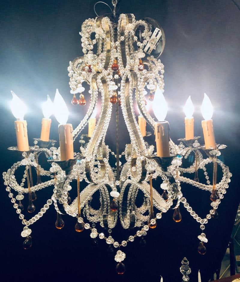 Eight Light Beaded Chandelier with Colored Tear Drop Prisms, circa 1960 - 3