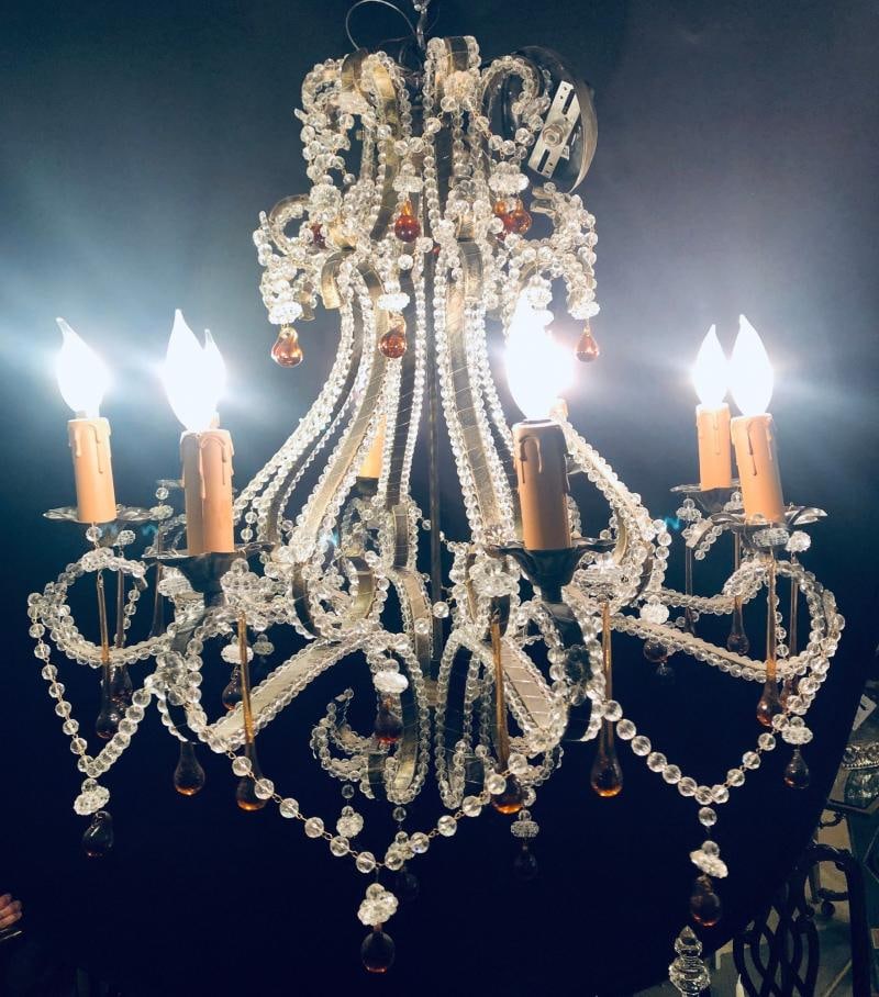 Eight Light Beaded Chandelier with Colored Tear Drop Prisms, circa 1960 - 4