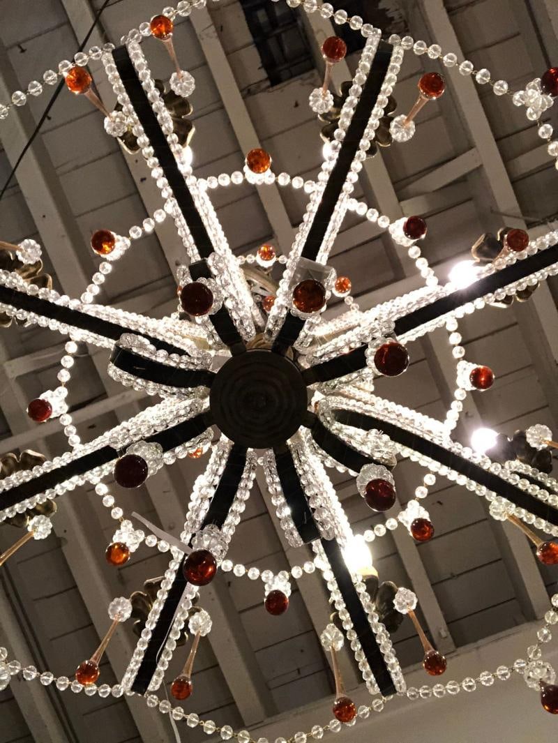 Eight Light Beaded Chandelier with Colored Tear Drop Prisms, circa 1960 - 5