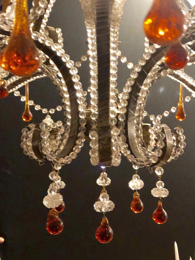 Eight Light Beaded Chandelier with Colored Tear Drop Prisms, circa 1960 - 7