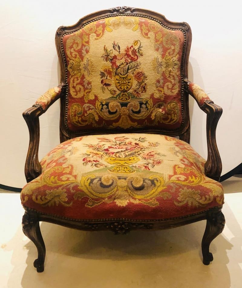 19th Century Louis XV Style Armchair Bergere Petite and Gros Point Upholstery - 3