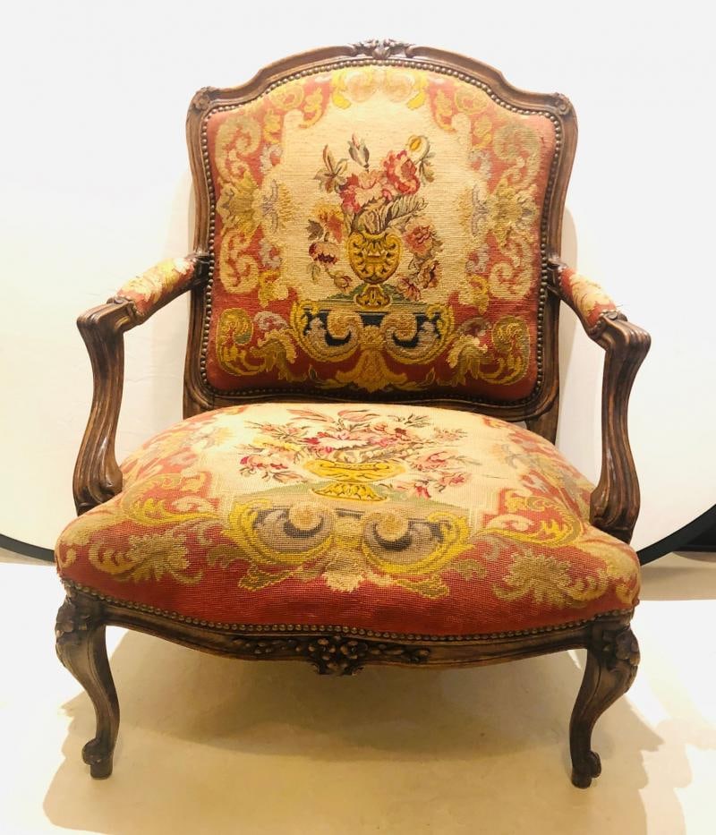 19th Century Louis XV Style Armchair Bergere Petite and Gros Point Upholstery - 4