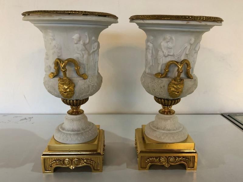 Neoclassical Sevres Parian and Doré Bronze Mounted Urns or Vases 1920s a Pair - 12