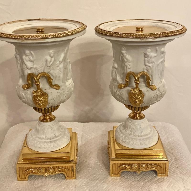 Neoclassical Sevres Parian and Doré Bronze Mounted Urns or Vases 1920s a Pair - 2