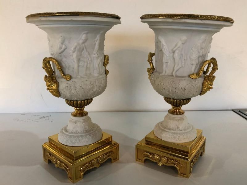 Neoclassical Sevres Parian and Doré Bronze Mounted Urns or Vases 1920s a Pair - 4