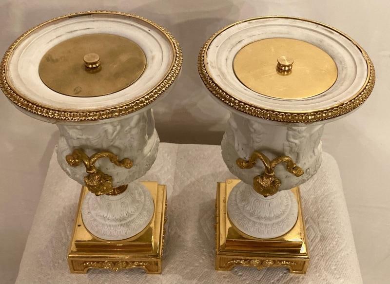 Neoclassical Sevres Parian and Doré Bronze Mounted Urns or Vases 1920s a Pair - 9