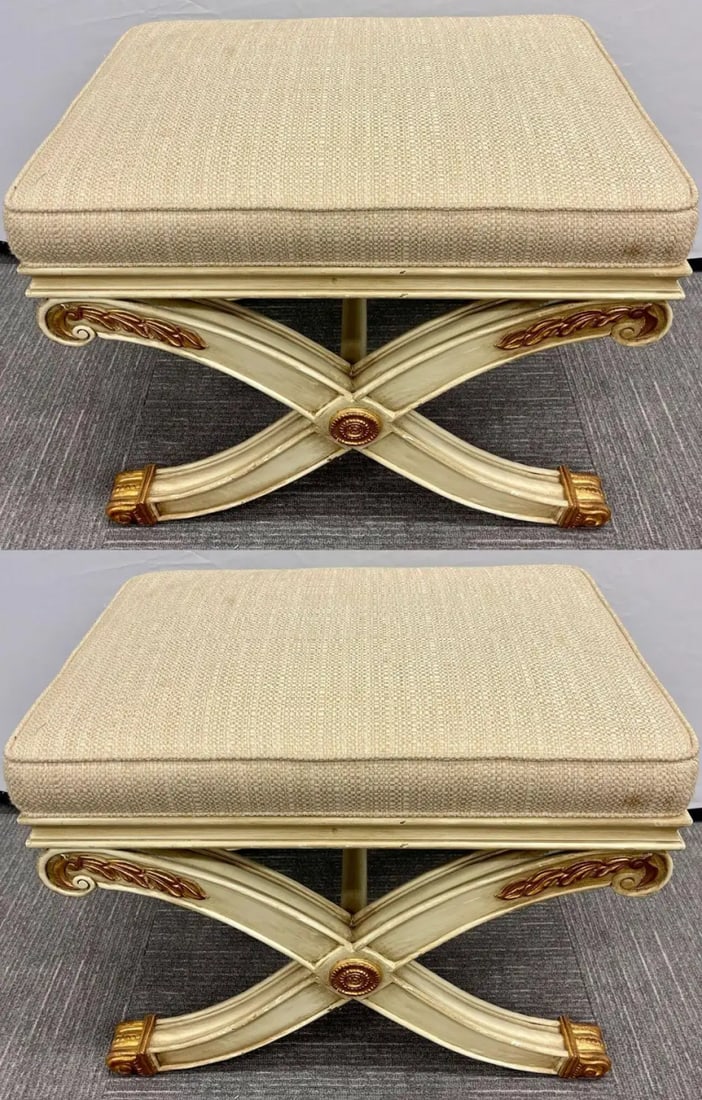 Pair of Maison Jansen Style X-Form Benches or Footstools Ivory and Parcel Gilt - 5