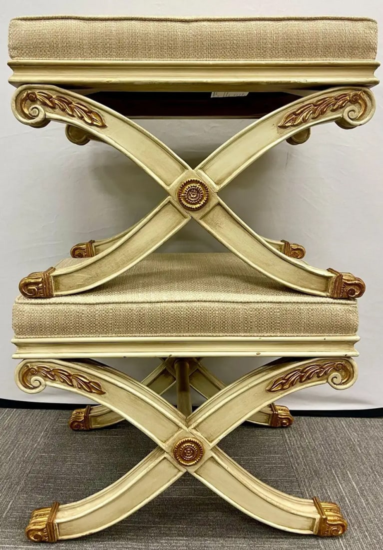 Pair of Maison Jansen Style X-Form Benches or Footstools Ivory and Parcel Gilt - 7