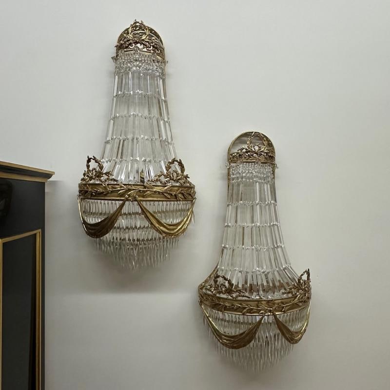 Louis XVI Style, Wall Sconces, Basket Form, Gilt Bronze, Crystal, France, 1940s - 3