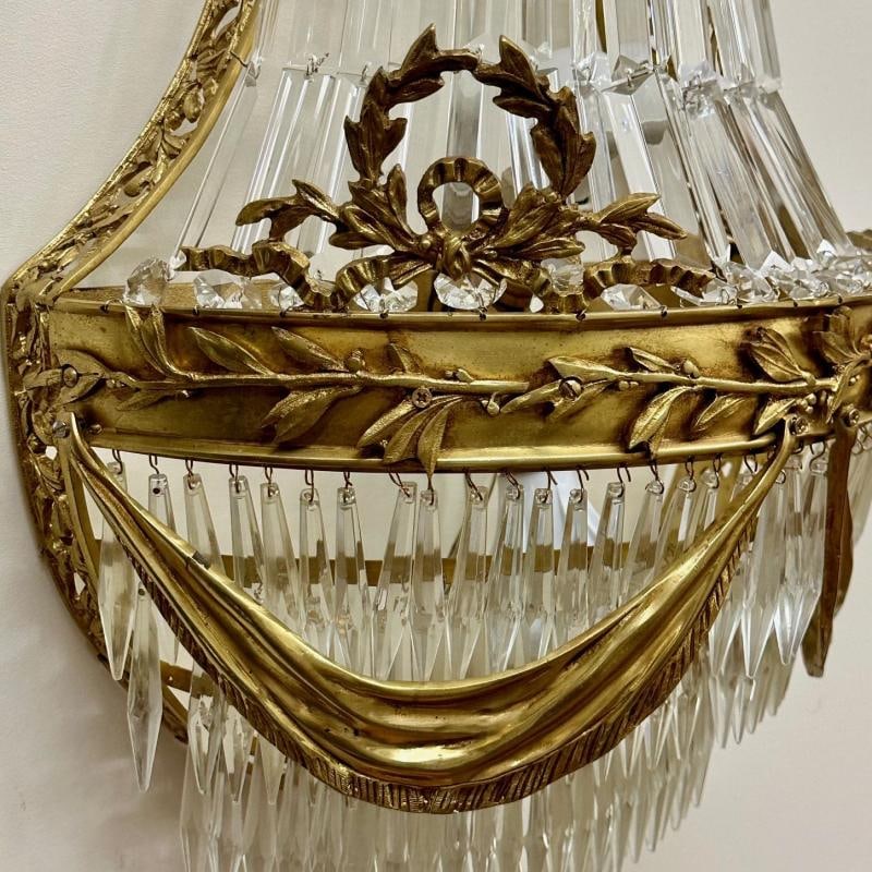 Louis XVI Style, Wall Sconces, Basket Form, Gilt Bronze, Crystal, France, 1940s - 4