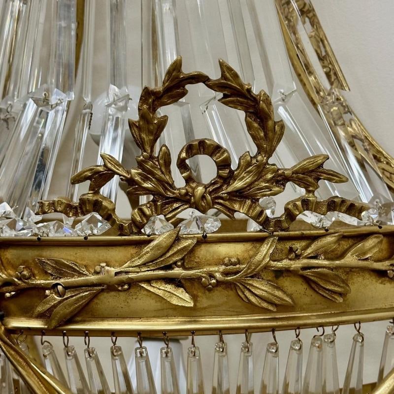 Louis XVI Style, Wall Sconces, Basket Form, Gilt Bronze, Crystal, France, 1940s - 6