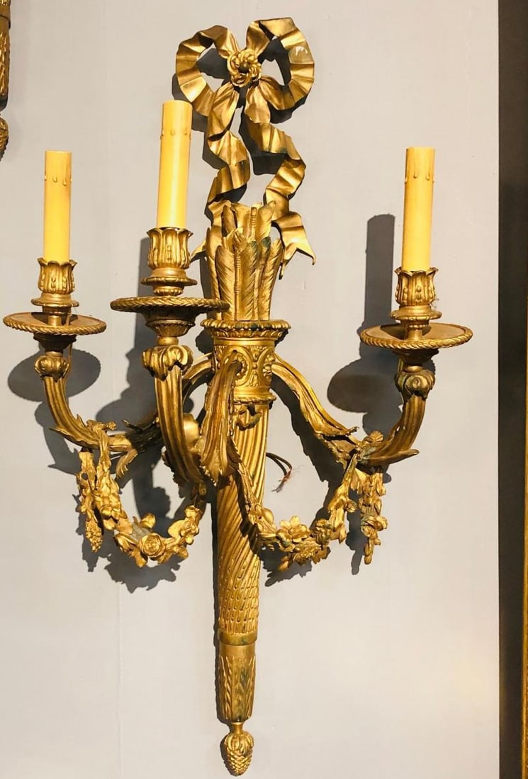 Set of Four Large Ornate Three-Light Torch and Ribbon Form Wall Sconces - 7