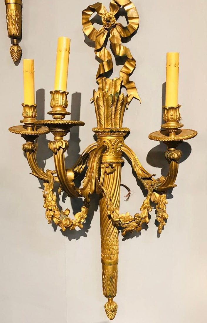 Set of Four Large Ornate Three-Light Torch and Ribbon Form Wall Sconces - 8