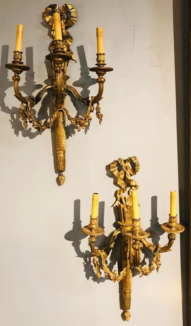 Set of Four Large Ornate Three-Light Torch and Ribbon Form Wall Sconces - 9