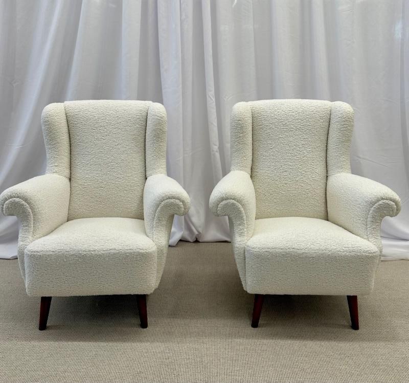 Pair American Mid-Century Scroll Lounge / Wingback Chairs, Boucle, Draper Style - 2