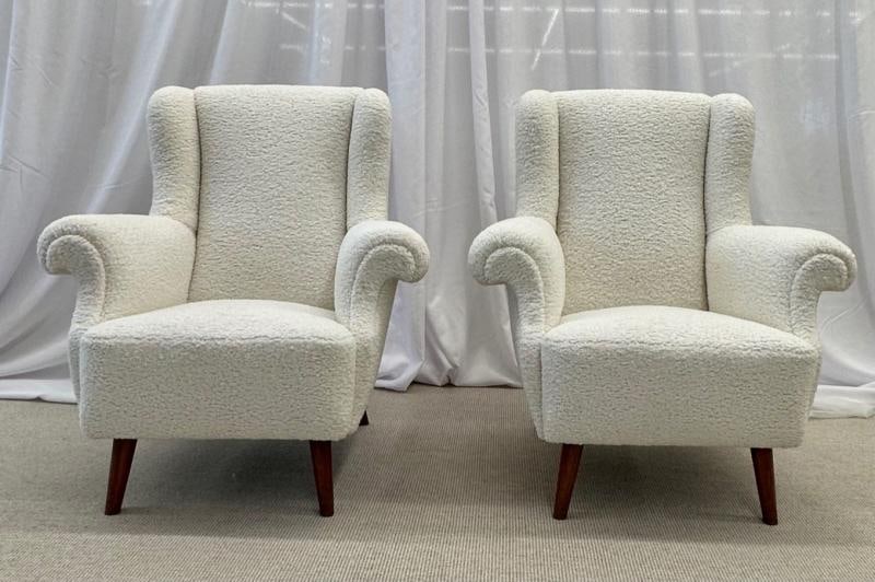 Pair American Mid-Century Scroll Lounge / Wingback Chairs, Boucle, Draper Style - 3