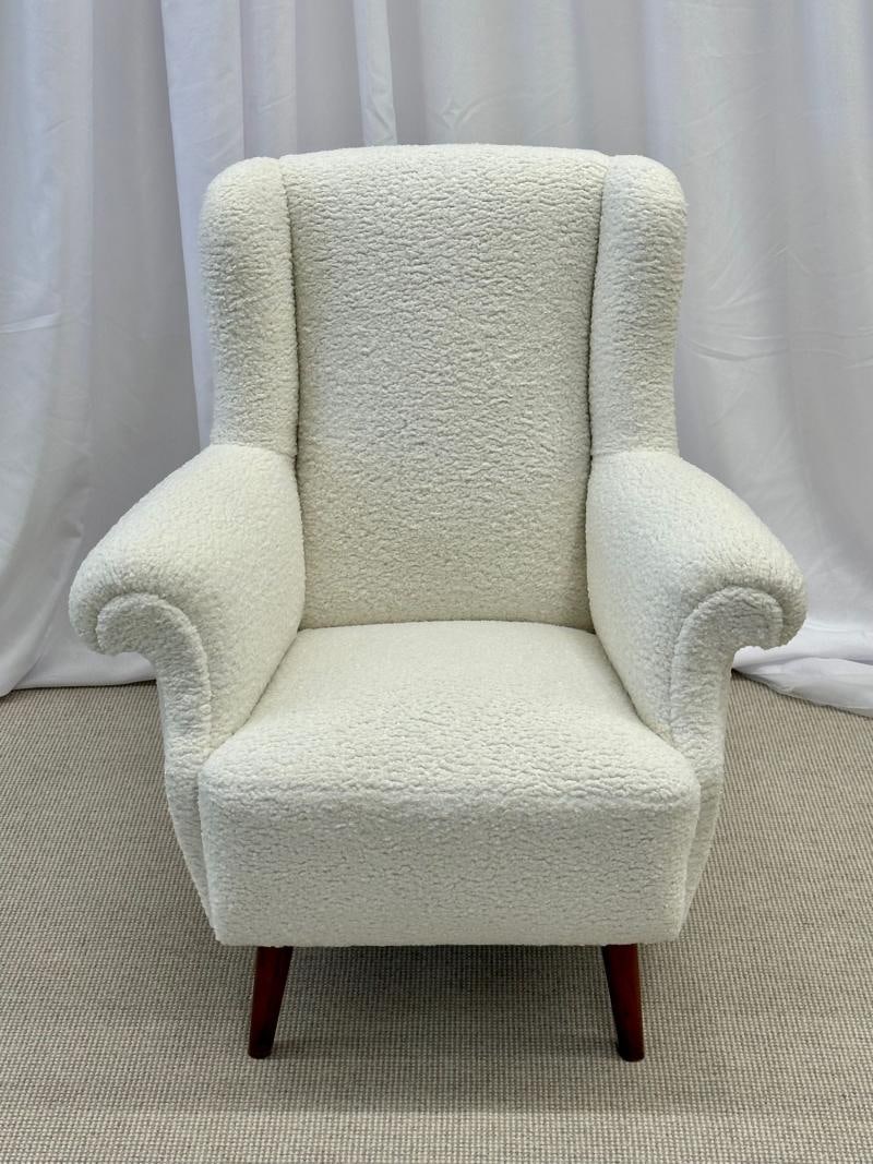 Pair American Mid-Century Scroll Lounge / Wingback Chairs, Boucle, Draper Style - 7