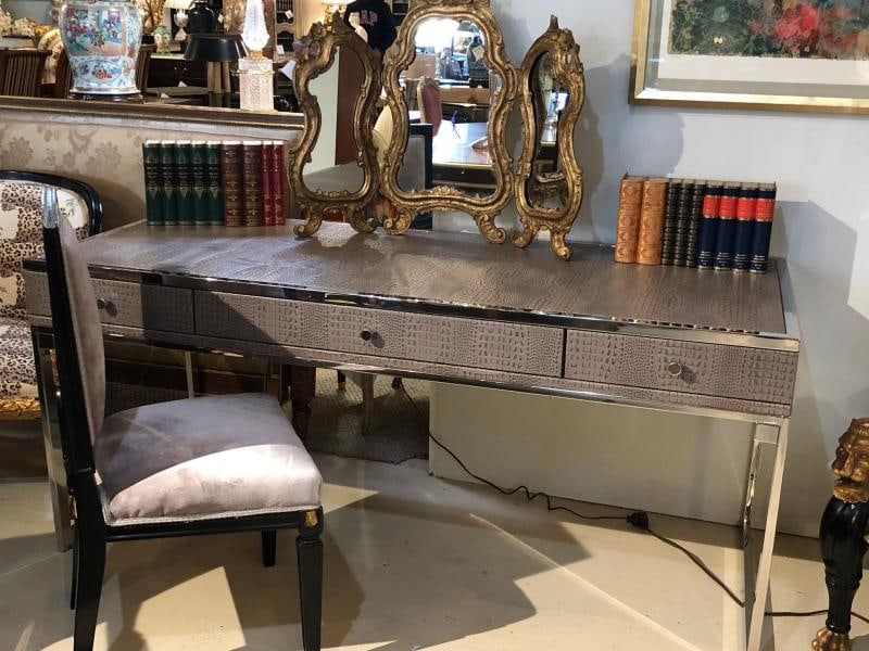 Hollywood Regency Style Desk with Embossed Stitched Leather on a Chrome Frame - 11