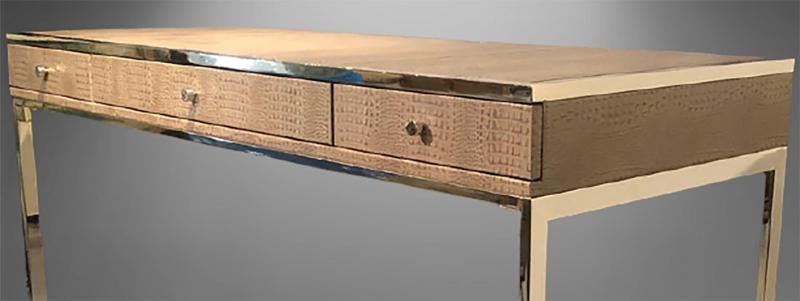 Hollywood Regency Style Desk with Embossed Stitched Leather on a Chrome Frame - 2