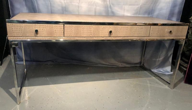 Hollywood Regency Style Desk with Embossed Stitched Leather on a Chrome Frame - 3
