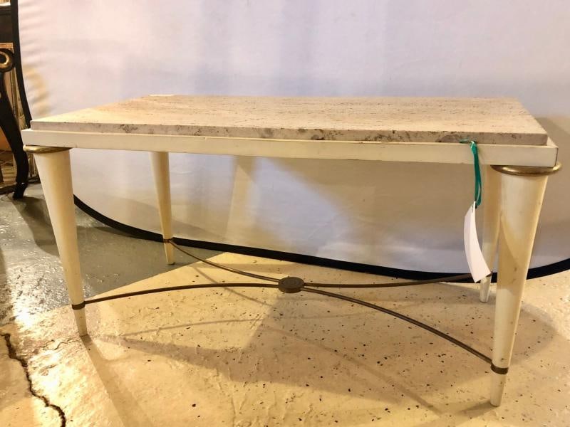 Mid-Century Modern Coffee Table Inset Travertine Marble-Top and Brass Stretcher - 2