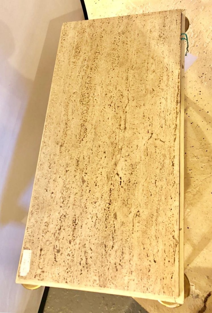 Mid-Century Modern Coffee Table Inset Travertine Marble-Top and Brass Stretcher - 3